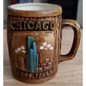 1970's Chicago Sears Tower Embossed Wood Design Souvenir Coffee Mug